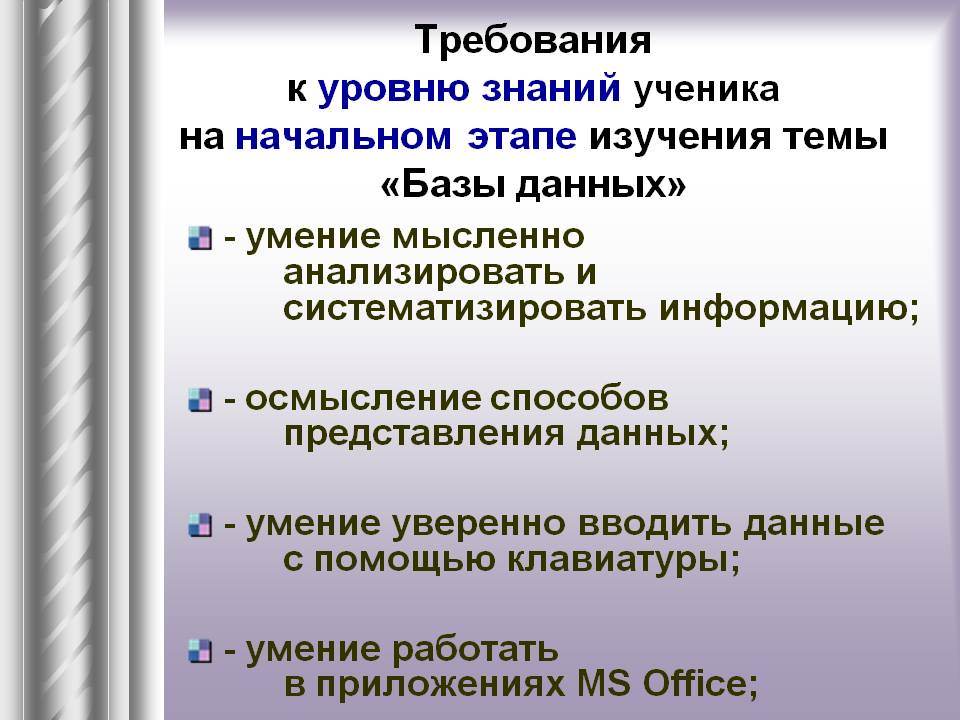 Требования к уровню знаний ученика на начальном этапе изучения темы