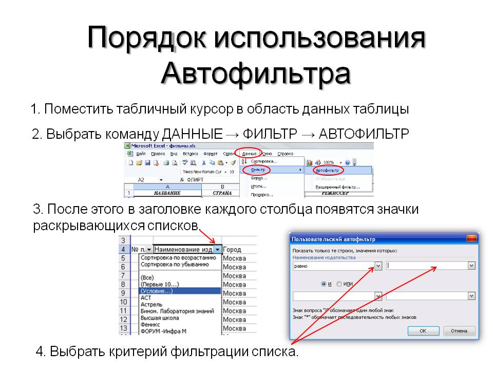Порядок использования автофильтра
