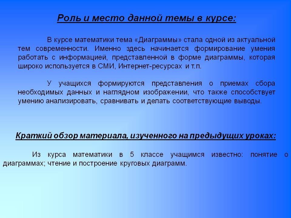 Роль и место данной темы в курсе: В курсе математики тема «Диаграммы»