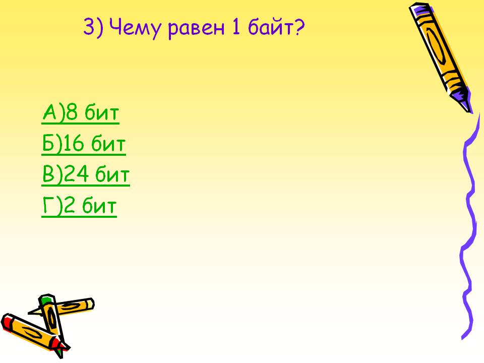 3) Чему равен 1 байт