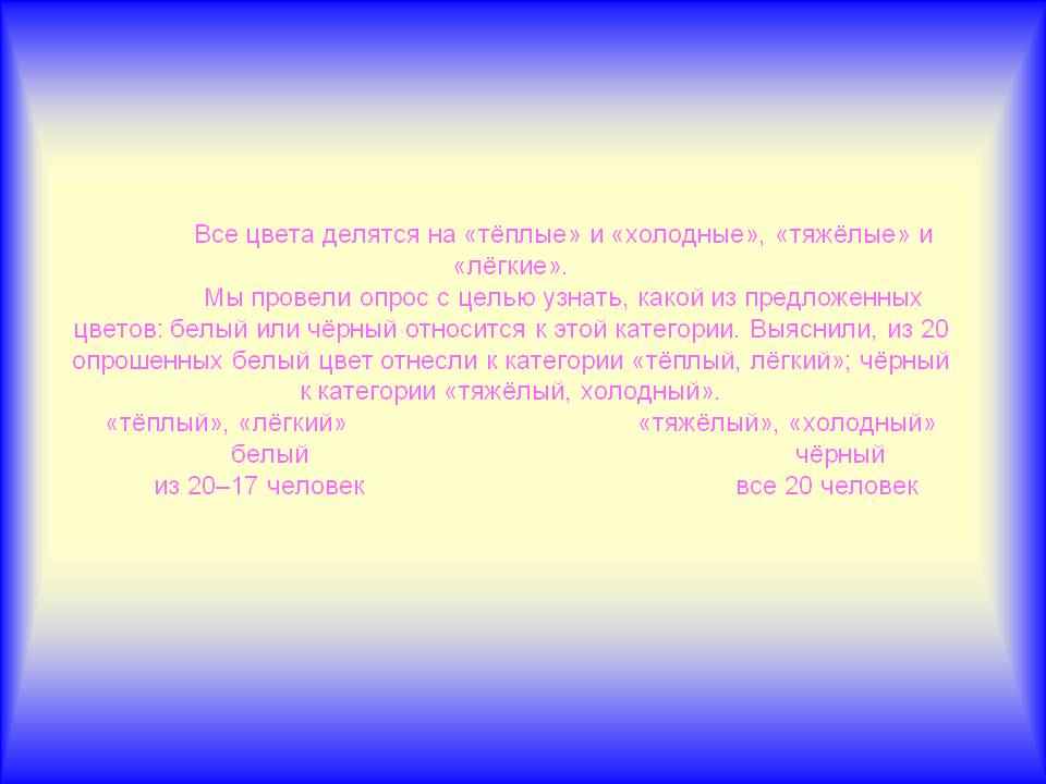 Все цвета делятся на «тёплые» и «холодные», «тяжёлые» и «лёгкие»