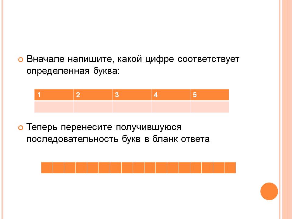 Вначале напишите, какой цифре соответствует определенная буква