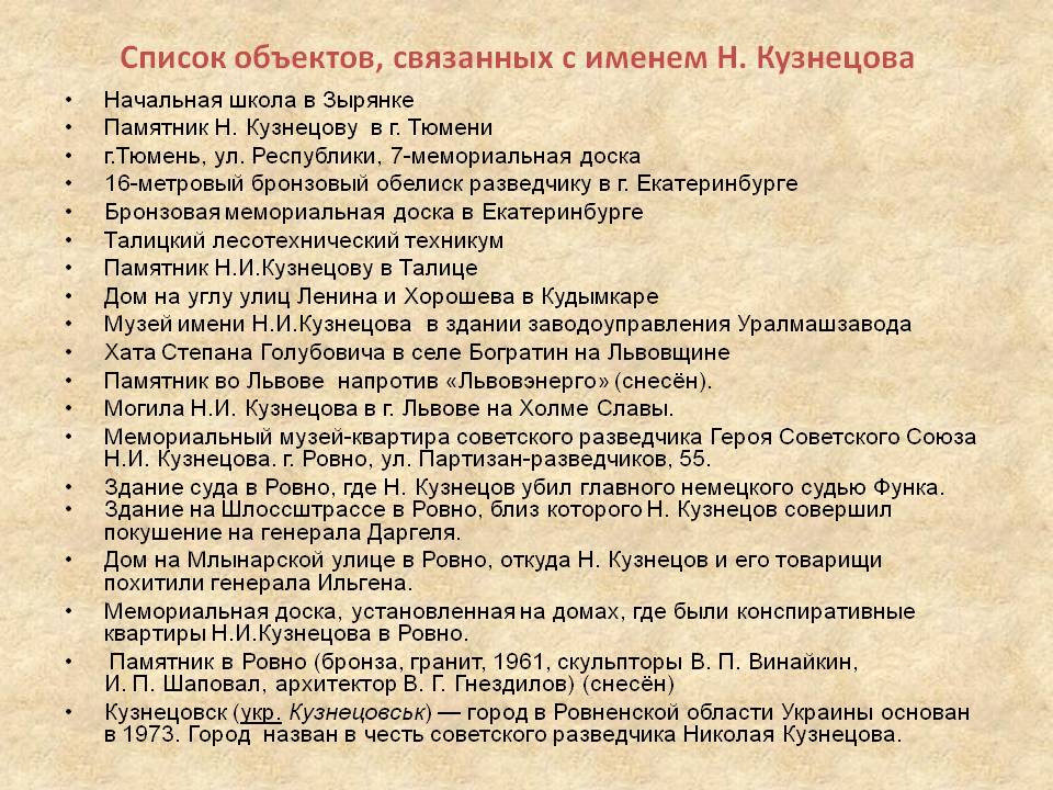 Список объектов, связанных с именем Н. Кузнецова