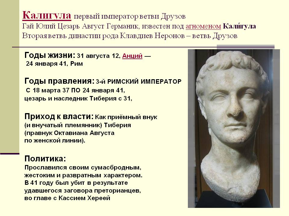 Калигула первый император ветви Друзов Гай Юлий Цезарь Август Германик