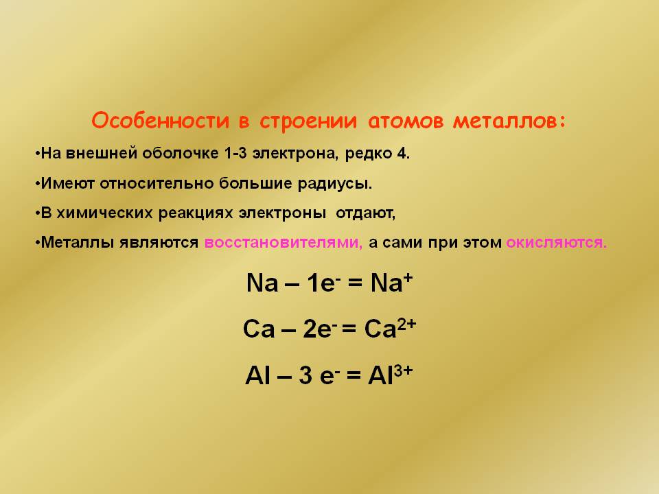 Особенности в строении атомов металлов: На внешней оболочке 1-3