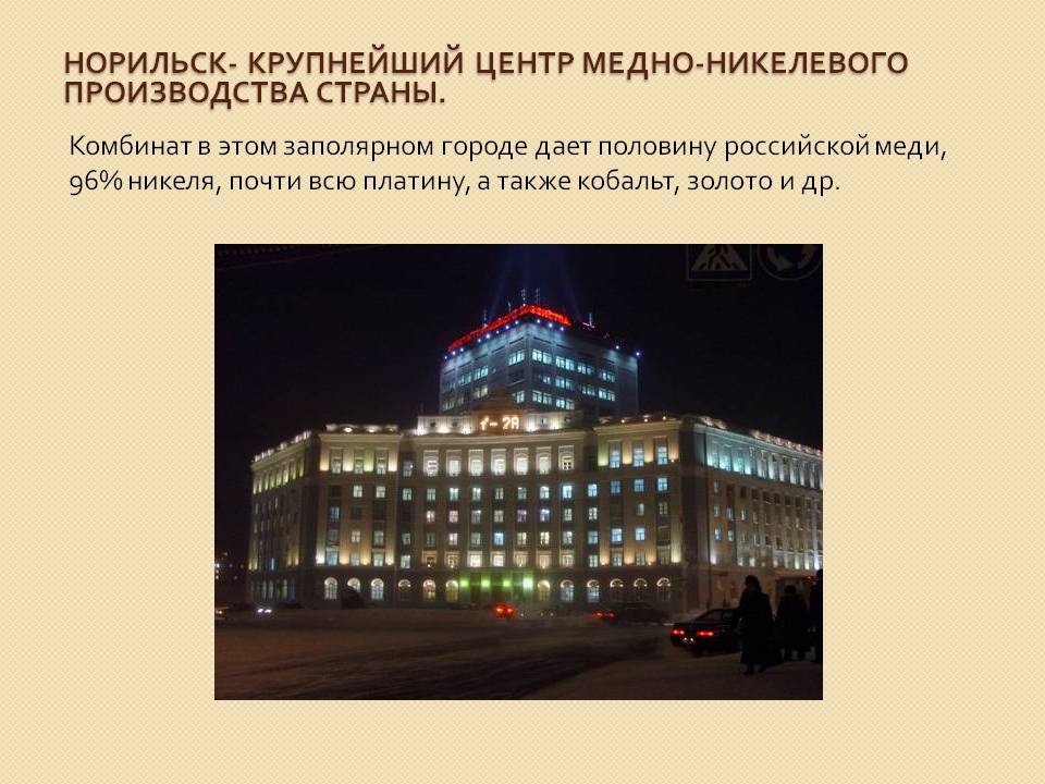 Норильск- крупнейший центр медно-никелевого производства страны