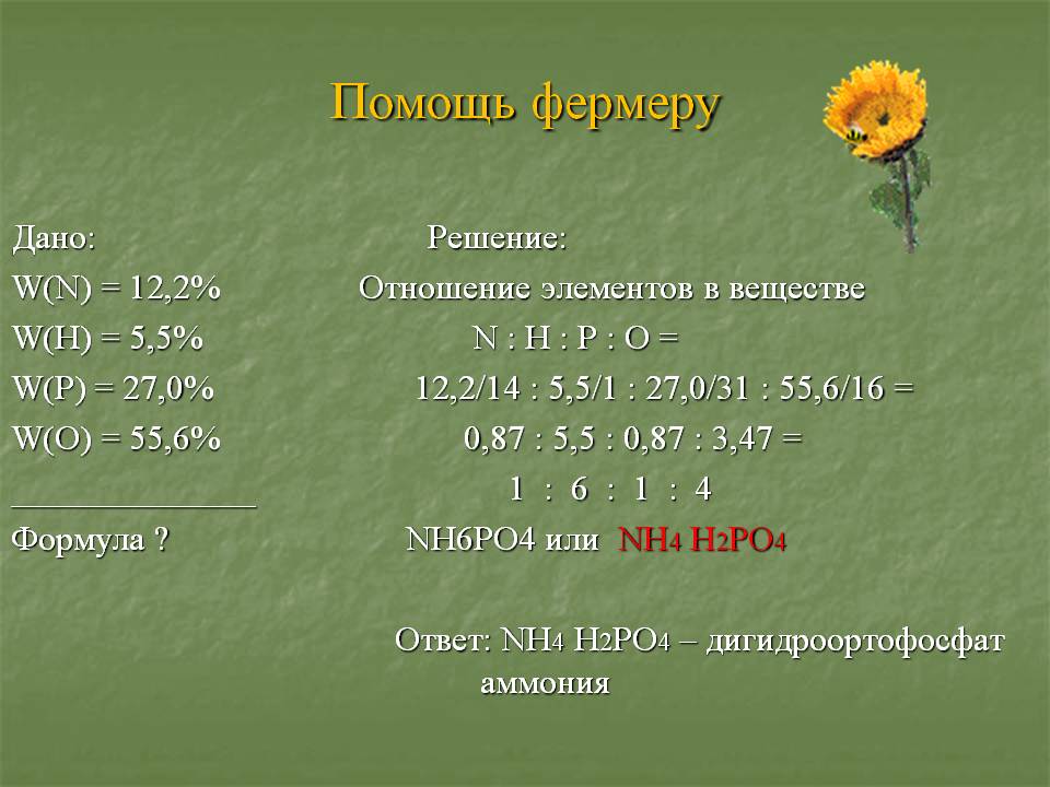 Помощь фермеру Дано: Решение: W(N) = 12,2% Отношение элементов в