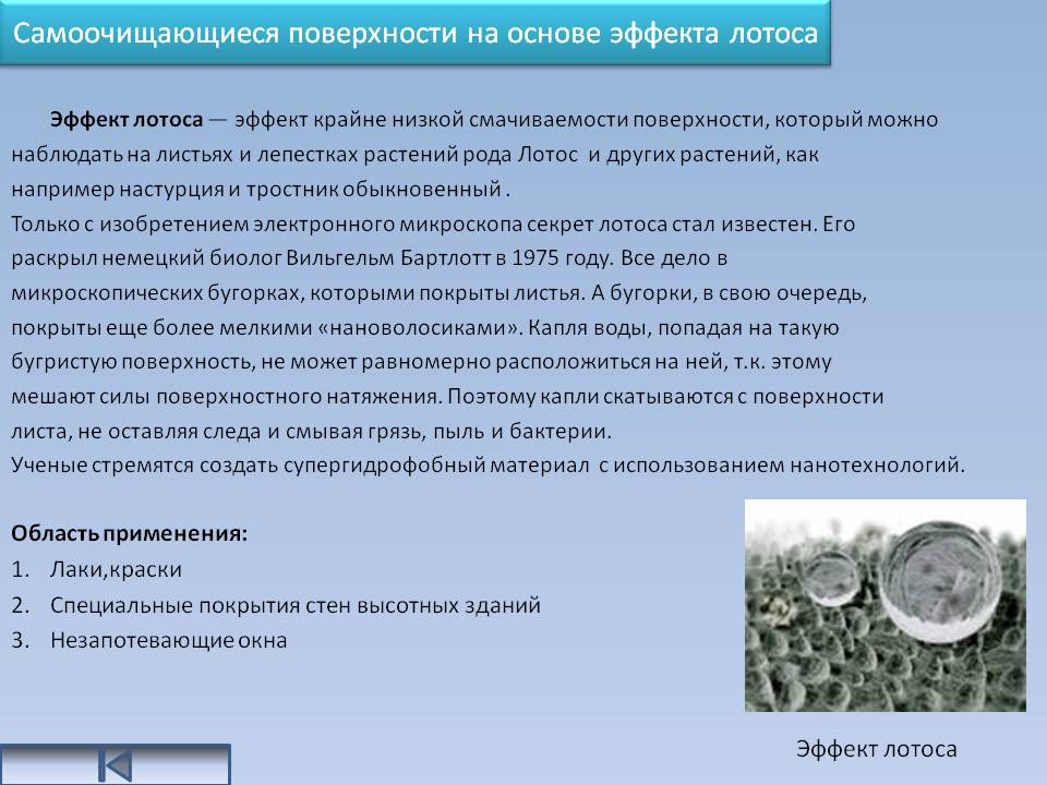 Самоочищающиеся поверхности на основе эффекта лотоса