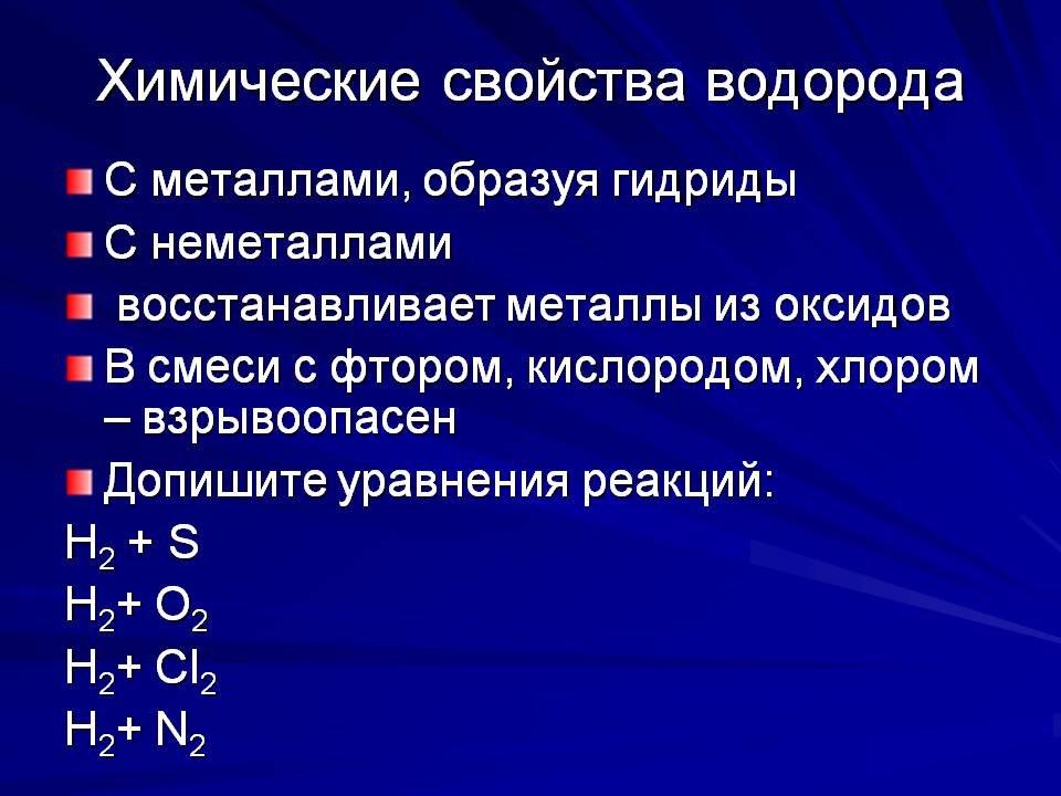 Химические свойства водорода