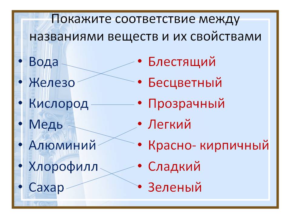 Покажите соответствие между названиями веществ и их свойствами