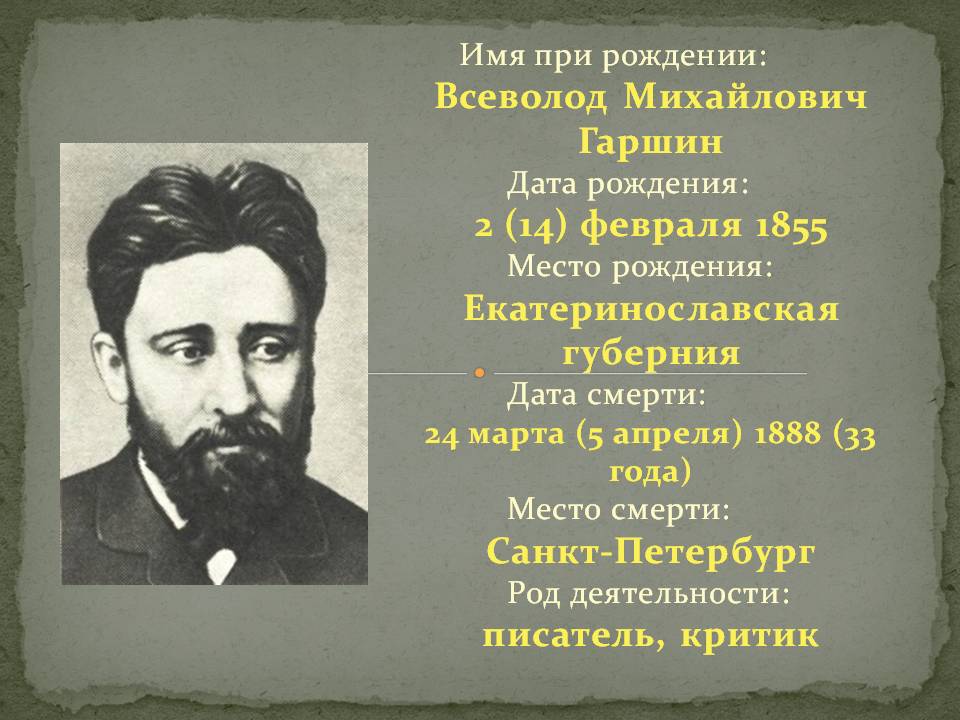 Имя при рождении: Всеволод Михайлович Гаршин Дата рождения: 2 (14)