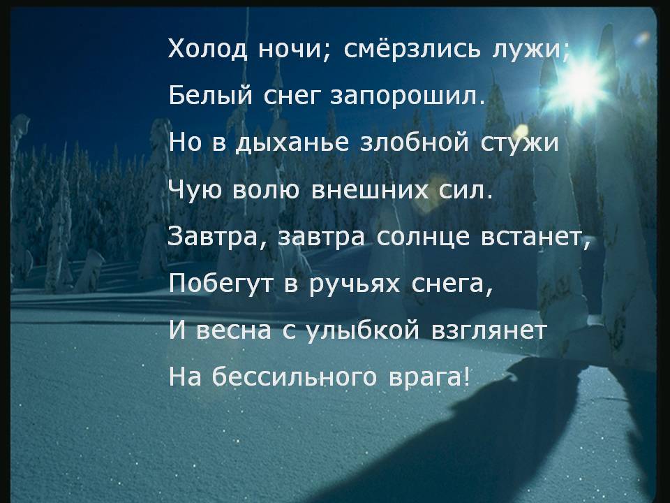Холод ночи; смёрзлись лужи; Белый снег запорошил