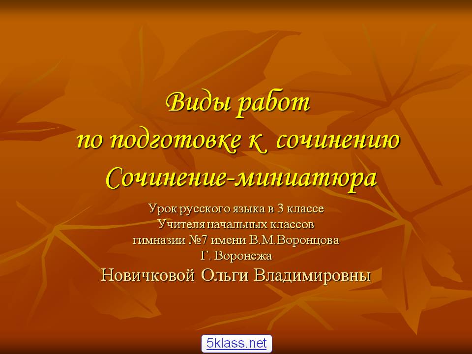 Виды работ по подготовке к сочинению Сочинение-миниатюра