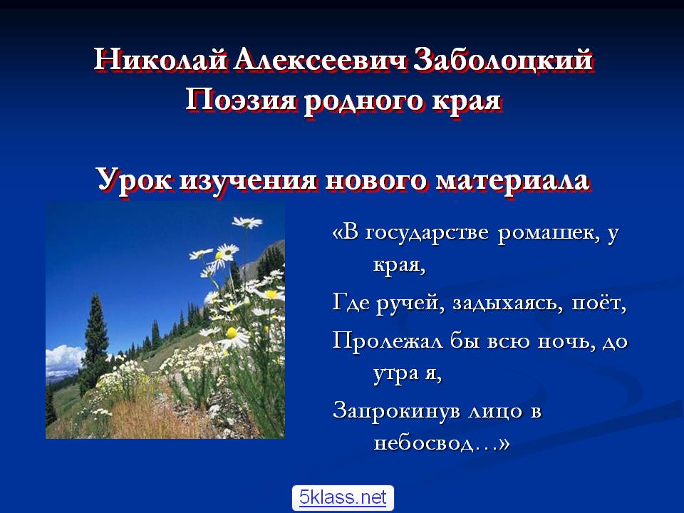 Николай Алексеевич Заболоцкий Поэзия родного края Урок изучения нового