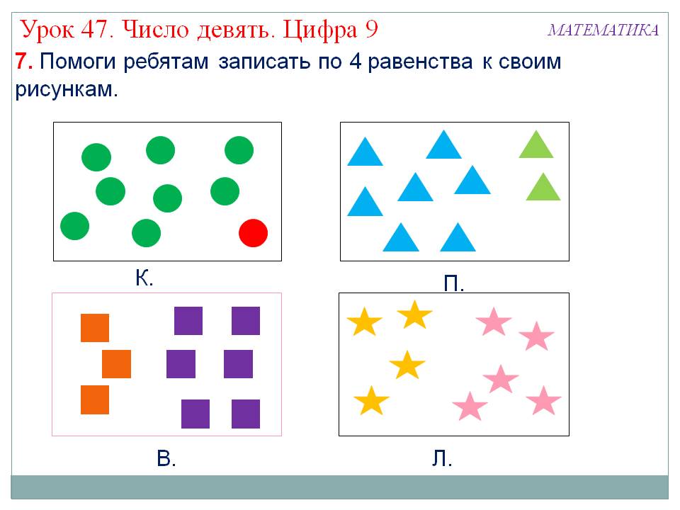 Помоги ребятам записать по 4 равенства к своим рисункам