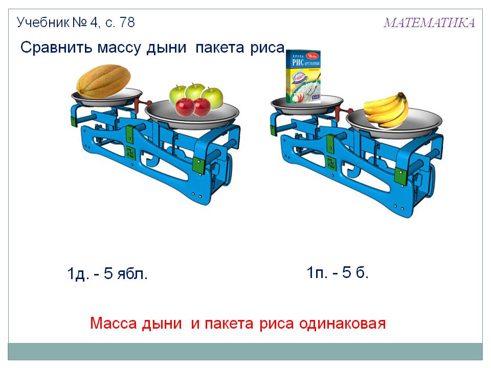 Сравнить массу дыни пакета риса