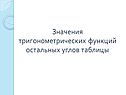Значения тригонометрических функций остальных углов таблицы