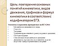 Цель: повторение основных понятий кинематики, видов движения, графиков