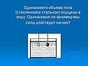 Одинакового объема тела (стеклянное и стальное) опущены в воду