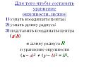 1) узнать координаты центра; 2) узнать длину радиуса; 3) подставить