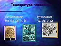 Температура плавления Легкоплавкие Тугоплавкие Hg, Ga, Cs, In, Bi W,