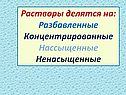 Растворы делятся на: Разбавленные Концентрированные Нассыщенные